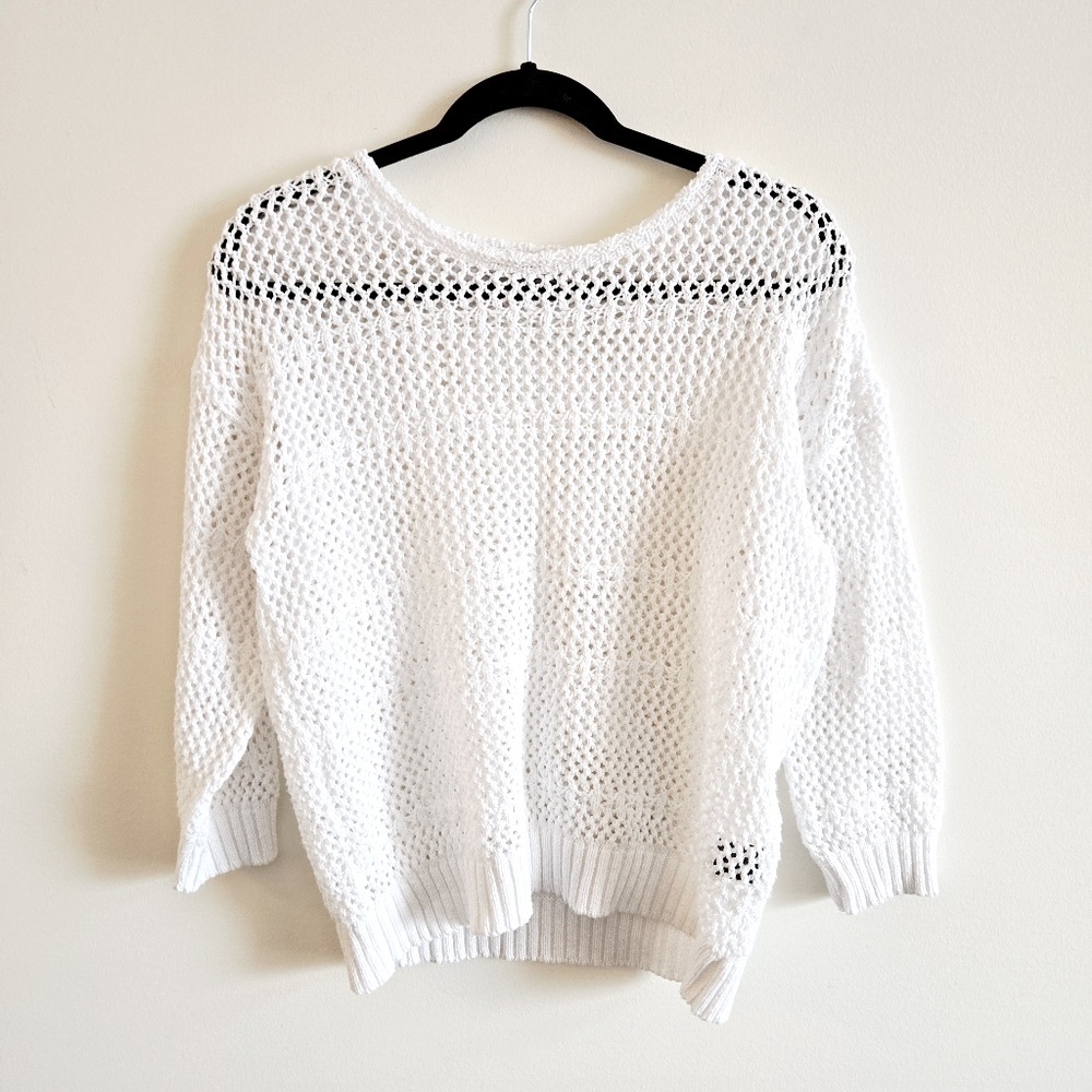 PARKHURST I M Cotton Blend Open Weave Crochet Sweater I white